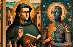 Una ilustración en referencia a Santo Tomás de Aquino y la IA, creada por DALL-E, un modelo de conversión de texto a imagen nativo de ChatGPT Crédito: DALL-E / OpenAI