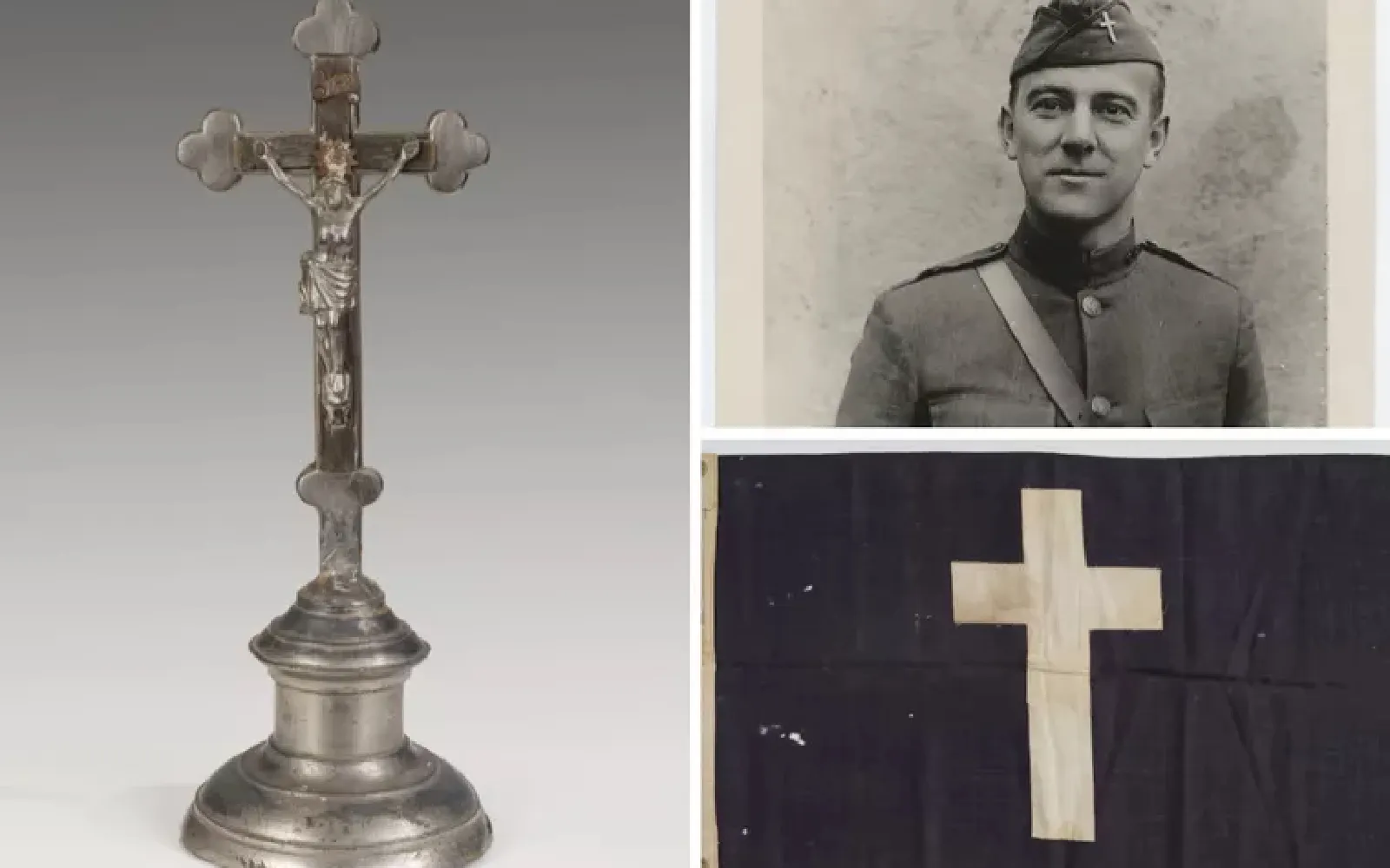 En el sentido de las agujas del reloj, desde la izquierda: crucifijo del altar de la trinchera de reserva; retrato del capellán HL Reader; bandera del capellán principal de la 77.ª División, Estados Unidos.?w=200&h=150