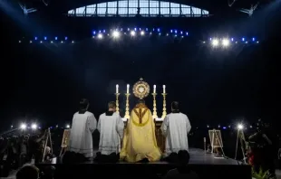 El Obispo Andrew Cozzens adora a Cristo en la Eucaristía con decenas de miles de personas en el Lucas Oil Stadium el 17 de julio de 2024. Crédito: Jeffrey Bruno