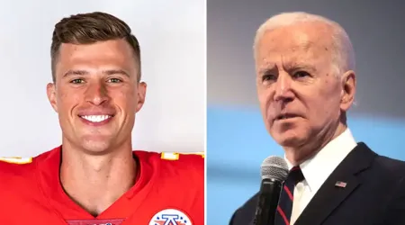 Campeón católico de fútbol americano porta mensaje provida en evento con Biden